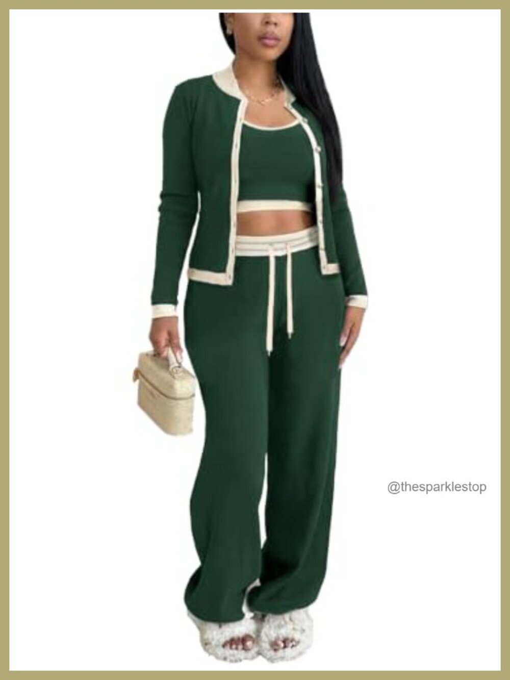 3 Piece Lounge Set Cardigan Crop Top Wide Leg Pants Polyester Spandex